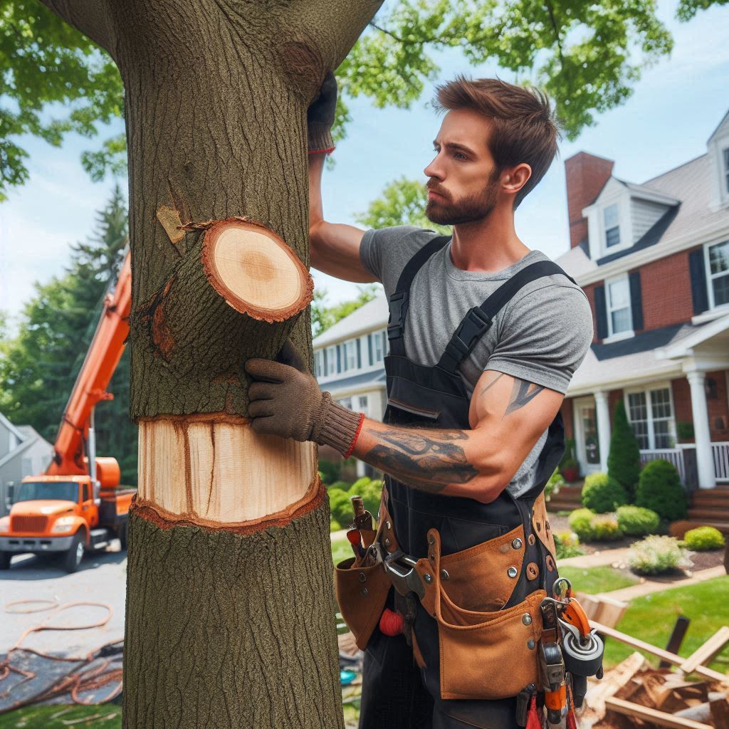 Tree removal expert performing maintenance on a typical Massachusetts home's trees