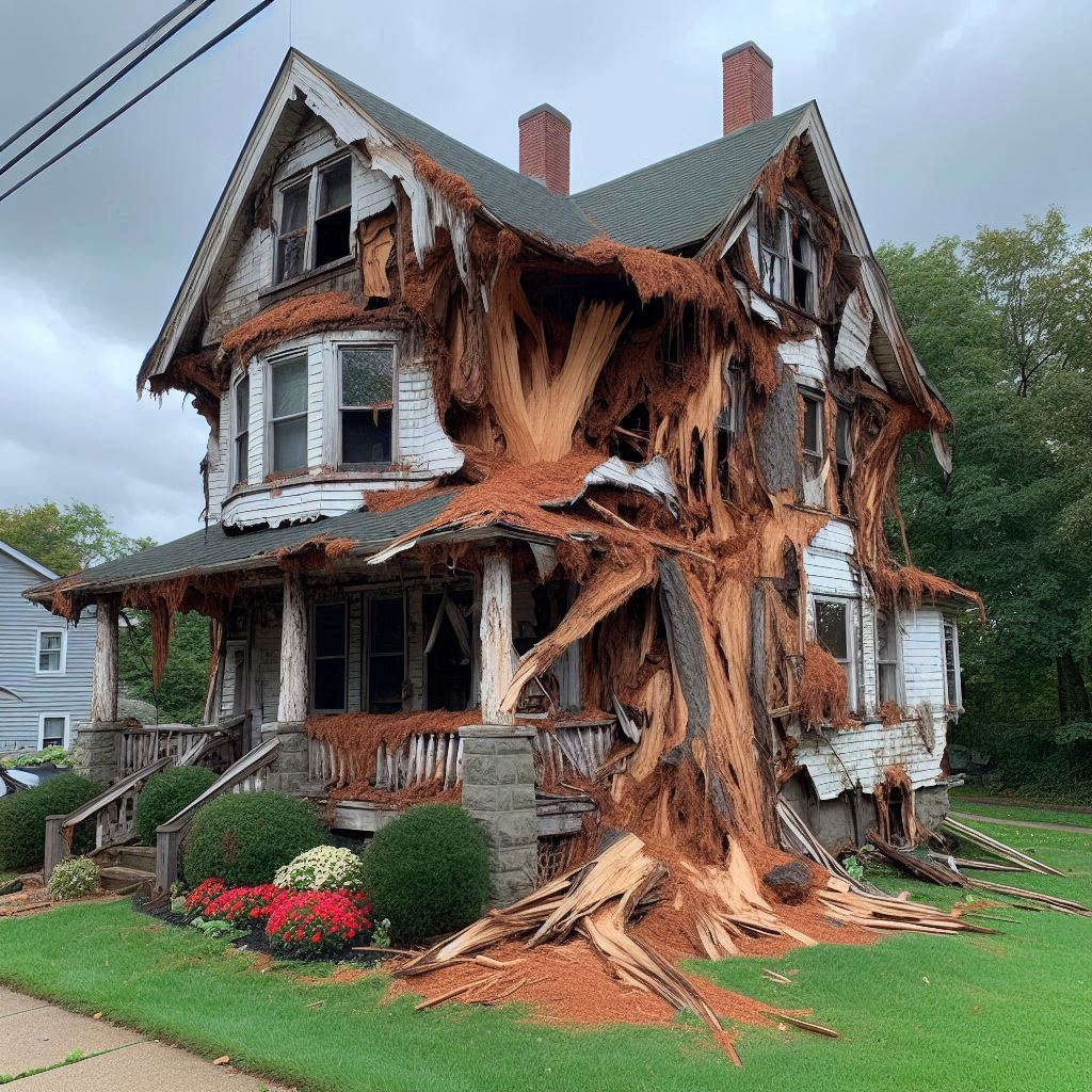 Damaged tree on an Arlington home showing signs of disease and decay